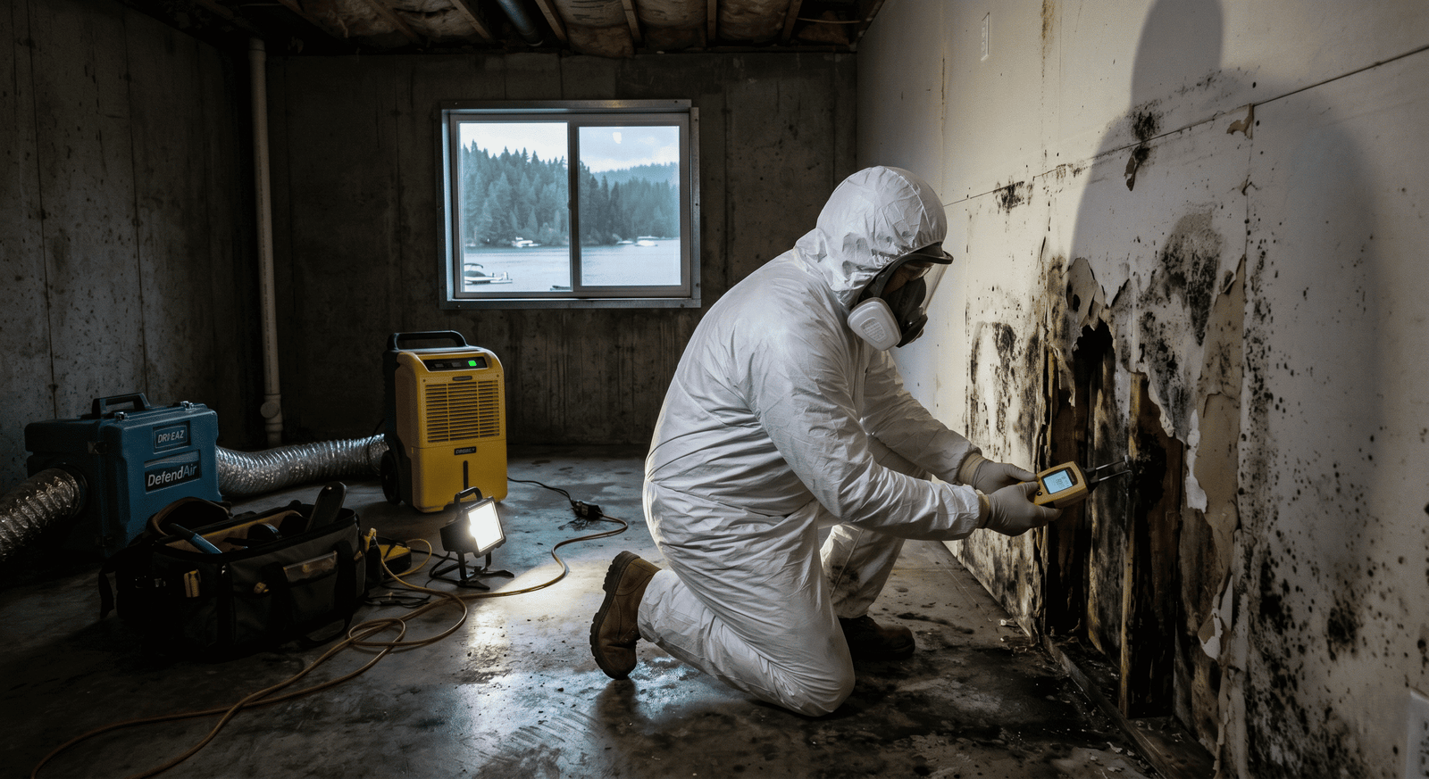 IICRC S520 mold remediation in progress — technician removing contaminated material under containment in a Spokane WA home